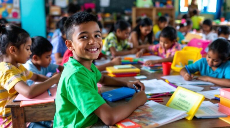 Kelas yang ramai dengan siswa belajar bersama.