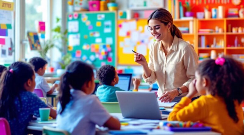 Kelas yang ceria dengan siswa dan guru berinteraksi.