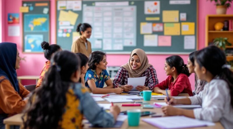 Kelas yang ceria dengan siswa belajar bersama.