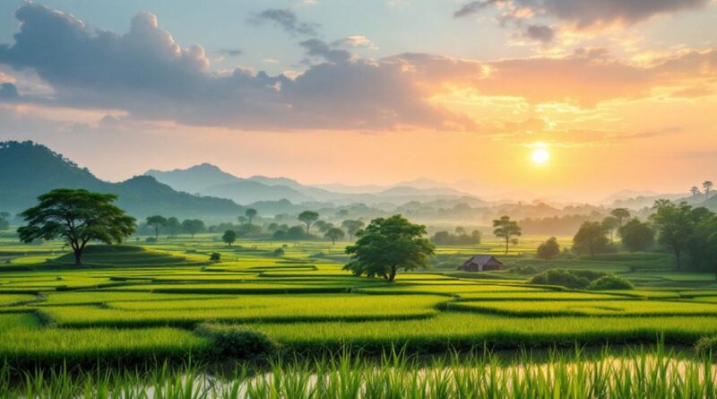 Lanskap tradisional Jawa dengan batik dan sawah.